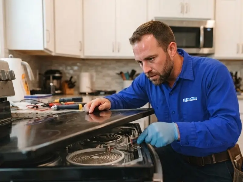 A range repair technician in blue shirt wearing blue gloves adjusts a stovetop burner on a dark oven range in a bright kitchen, with tools and cookware visible on the counter.