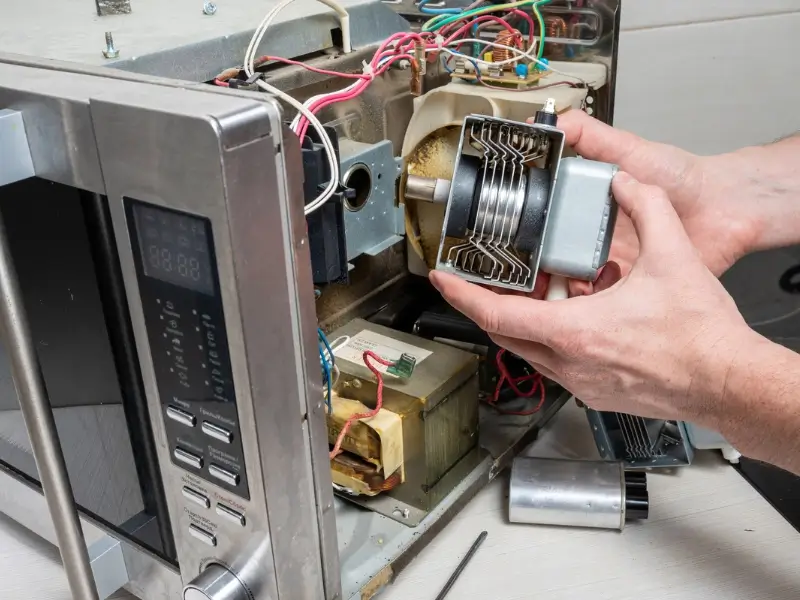 A microwave repair technician holds a magnetron with ribbon cables while repairing an open microwave; wires and circuit parts are visible inside the gray control panel.