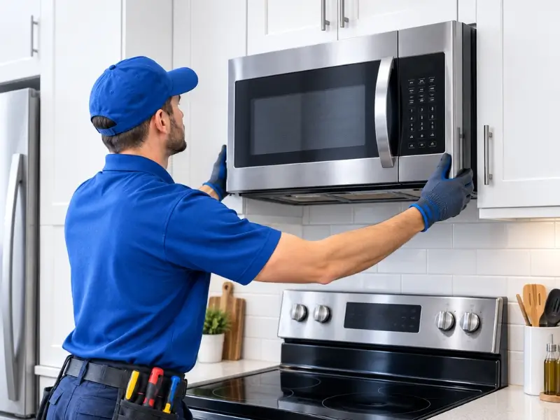 A technician in blue uniform and cap is completing over-the-range microwave installation inside a kitchen cabinet, reaching up to secure it while wearing blue gloves.